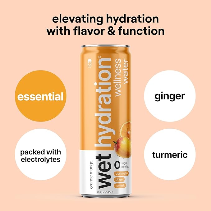 Wet Hydration Zero Calorie Functional Wellness Water - 4 Flavors Variety Pack (12 Ounce Cans Pack of 12) - Flavored Water Hydration Drink No Sugar No Artificial Ingredients Zero Calories (Packa