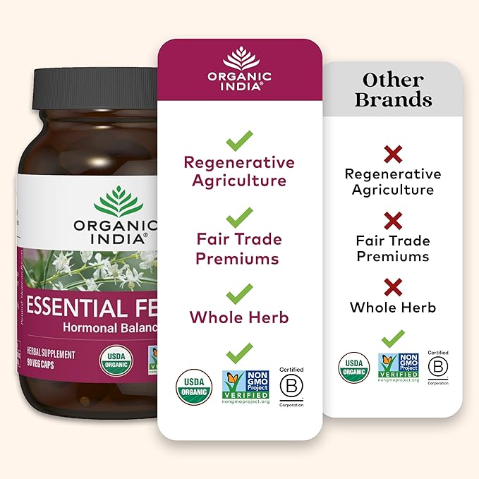 ORGANIC INDIA Essential Female Herbal Supplement - Hormonal Balance Women's Formula Reproductive Health Adaptogen Ayurvedic USDA Certified Organic Non-GMO - 90 Capsules