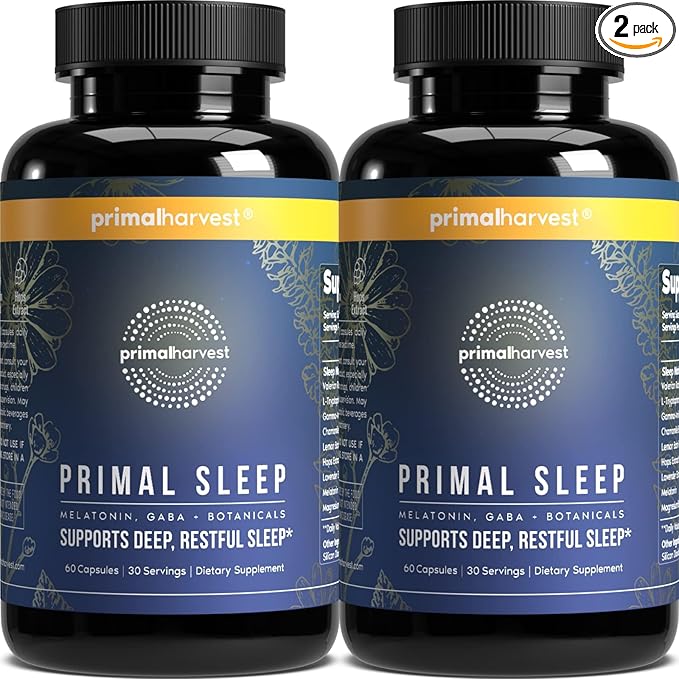Primal Harvest 2 Pack Primal Sleep 120 Capsules with Valerian Root L-Tryptophan GABA Chamomile and Melatonin 3mg