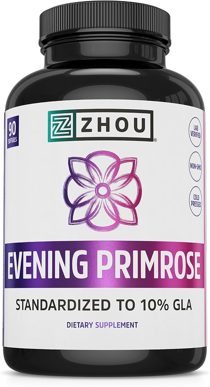 Zhou Nutrition Evening Primrose Oil Capsules- Supports Hormone Balance for Women PMS &amp Menopause Support Cold Pressed &amp Hexane Free - 1400mg 10% Gla