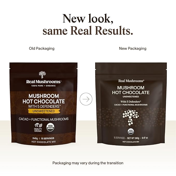 Real Mushrooms Unsweetened Hot Chocolate Mix with 5 Defenders – Reishi Chaga Turkey Tail Maitake Shiitake – Coco Powdered Unsweetened – Organic Cacao Powder Supplement Vegan 15 Servings