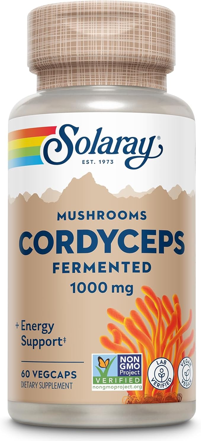 SOLARAY Fermented Cordyceps Mushroom 1000 mg - Healthy Energy Support - Fermented for Enhanced Absorption - Vegan Non-GMO Lab Verified - 30 Servings 60 VegCaps