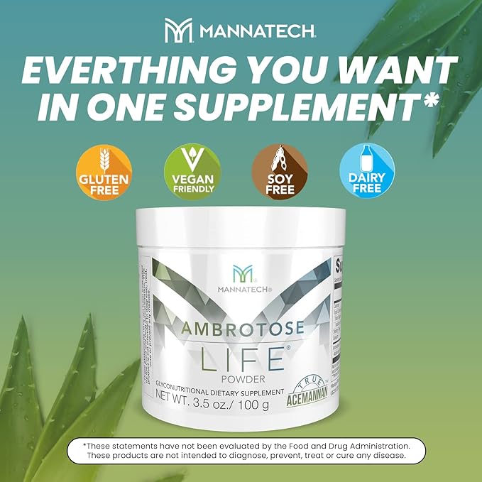 Immune Support Supplement Mannatech Ambrotose Life (Powder) 100g Supports Cell-to-Cell Communication and a Healthy Immune Defense with Manapol Powder Pure 100% Natural Aloe Vera Supplement