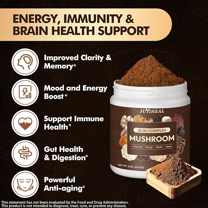 25-in-1 Mushroom Powder Mushroom Complex - Lions Mane Reishi Shiitake Chaga Turkey Tail Cordyceps Maitake &amp More Mushroom Supplement Powder for Energy Memory Focus &amp Immune Support 8