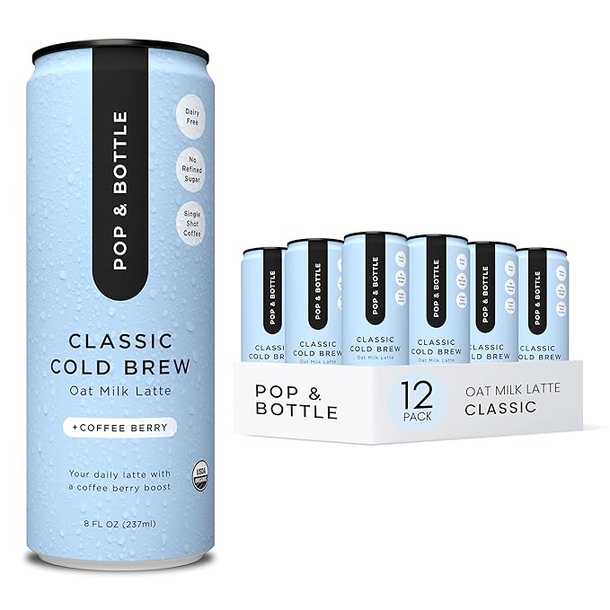 Pop &amp Bottle Oat Milk Lattes - Cold Brew with Coffee Berry Antioxidants MCT Oil Organic Dairy Free Gluten Free Great as Iced Coffee Lightly Sweetened with Dates - Classic 8 Fl Oz (12 Pack)