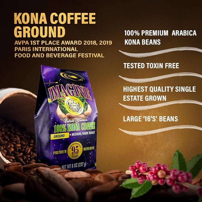 Imagine Kona Organic Coffee Beans | Arabica Kona Beans | Top Grade Air Roasted | Medium Dark Roast | Organic Whole Bean (Ground 8 ounce)