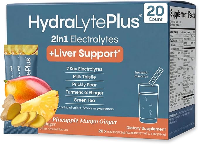 Hydralyte Liver Support + Electrolyte Mix with Milk Thistle Turmeric Ginger Prickly Pear Green Tea Extract Formulated for Rapid Rehydration (Pineapple Mango Ginger 20 Packets)