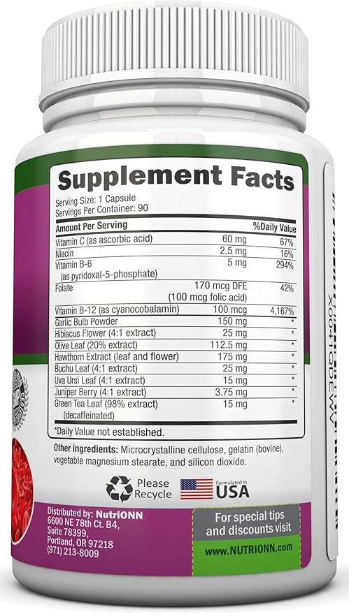 Blood Pressure Support Supplement - 13 Herbs &amp Vitamins - with Hawthorn Hibiscus Garlic &amp Olive Leaf Extract - Natural Supplement for Women &amp Men - High Strength Capsules - Non-GMO - 90