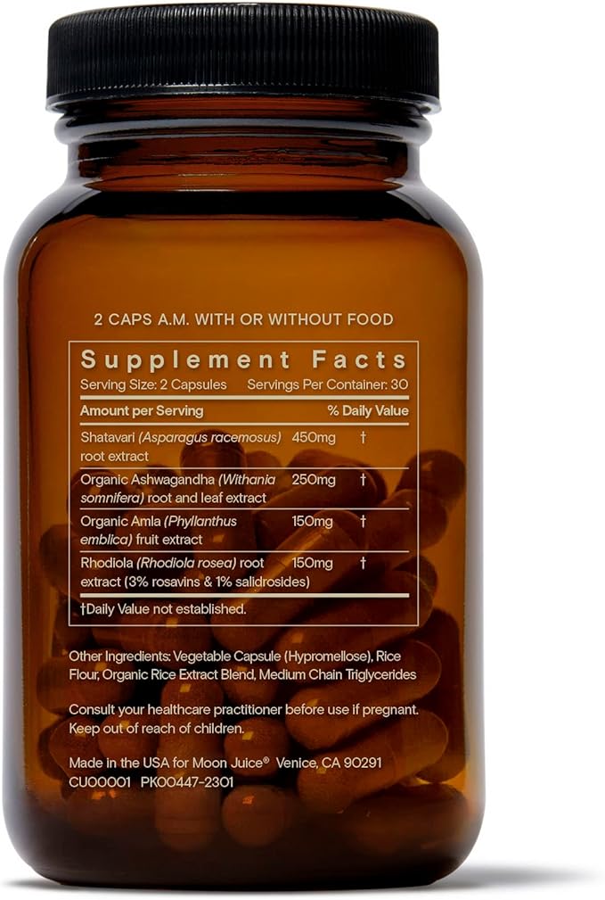 Moon Juice SuperYou Ashwagandha Supplements with Rhodiola Shatavari &amp Amla - Cortisol Reducer for Energy Mood Focus and Stress Support Vegan Non-GMO &amp 100% Traceable 60 Capsules 30 Serv