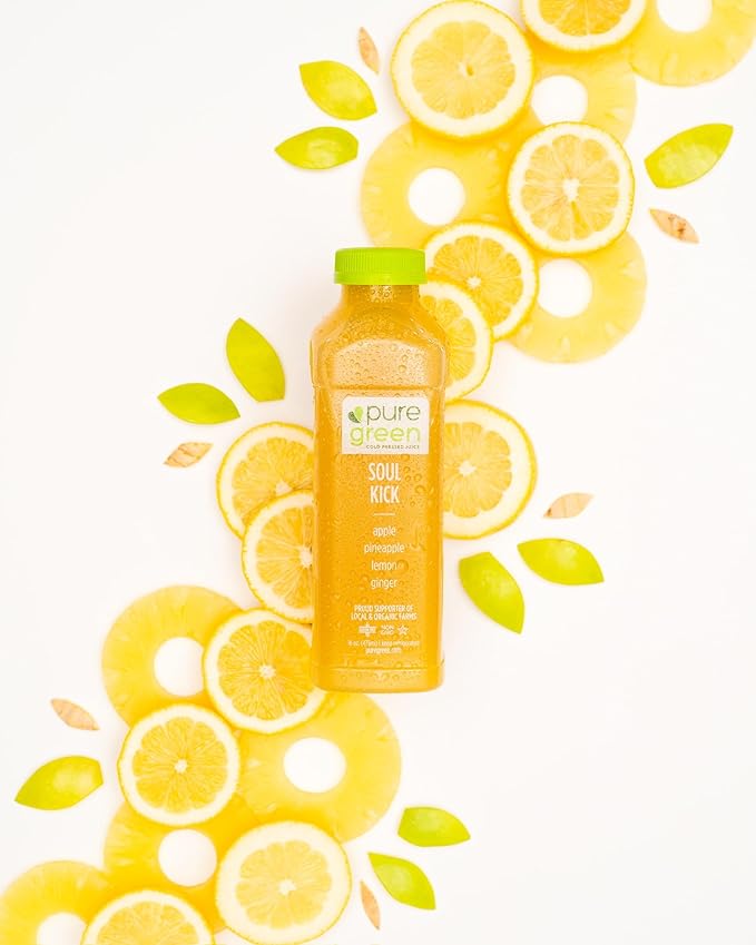 Pure Green Cold Pressed Juice - Soul Kick - Fresh Functional Blend with Apple Pineapple Lemon Ginger - Natural Gluten Free Non-GMO No Artificial Colors or Flavors - Made from Real Fruits &amp V
