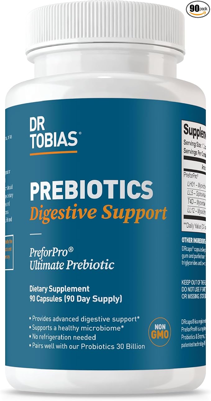 Dr. Tobias Prebiotics Digestive Support Advanced Prebiotic Supplement for Gut Health Immune Function &amp Boost for Probiotics for Women &amp Men Vegan Non-GMO 90 Capsules 90 Servings