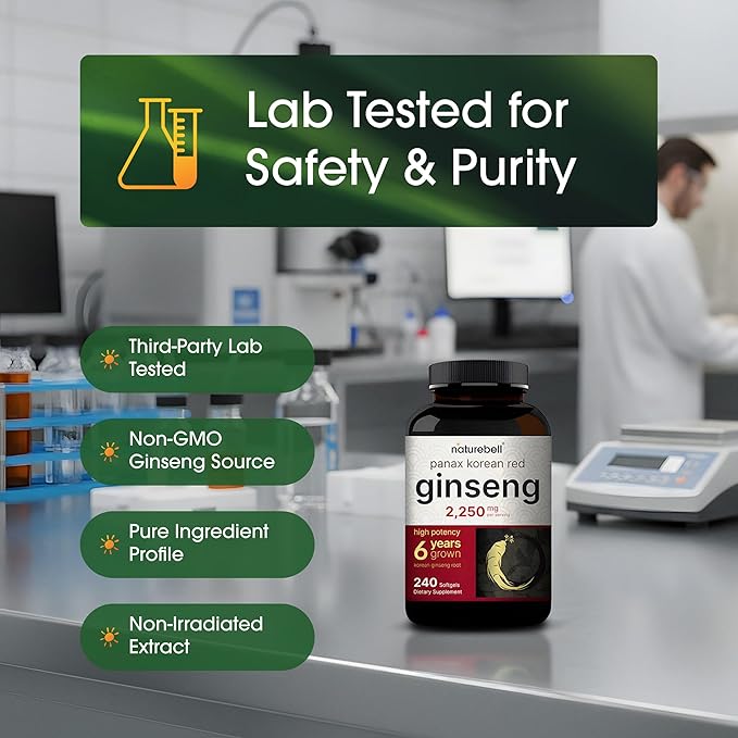 NatureBell Panax Korean Red Ginseng - 240 Softgels - 2250mg High Strength Herbal Vitality Support* - Standardized 10% Ginsenosides from Six-Year-Old Ginseng Root - Energy &amp Immune Support*