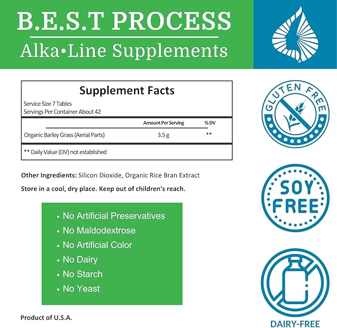 Alka•Green Tablets (2 Pack) Best Process Alkaline — Nutrient Dense Organic Barley Grass Supplement — Natural Source of Enzymes &amp Amino Acids