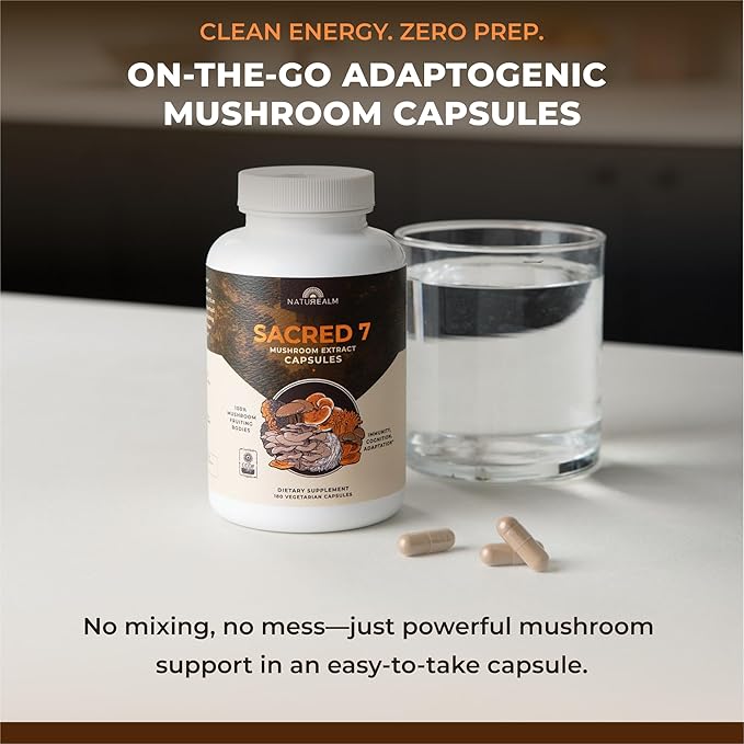 Naturealm Sacred 7 Mushroom Supplement Capsules | 60-Day Supply | 7-in-1 Organic Mushroom Complex Capsules with Lions Mane Reishi Chaga | 1000mg Per Serving | Immune Support &amp Focus
