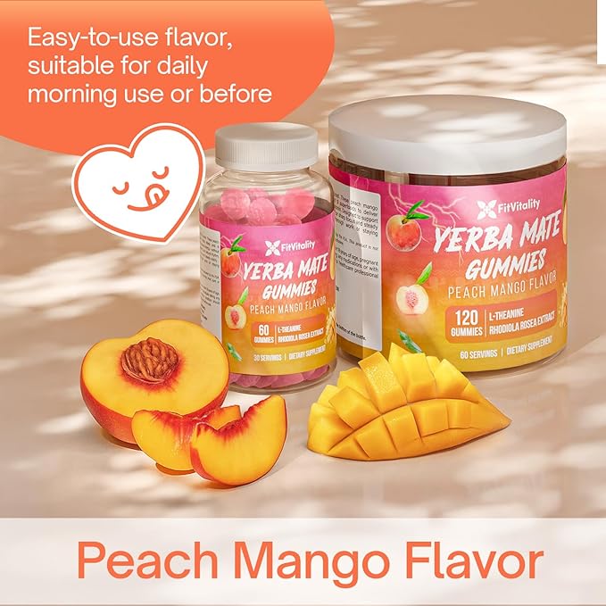 60 Yerba Mate Gummies – SuperFocus &amp Energy Support – Formulated with Yerba Mate Extract L-Theanine Rhodiola Ginseng Choline B12 – Peach Mango Flavor – Vegan Gluten-Free Non-GMO