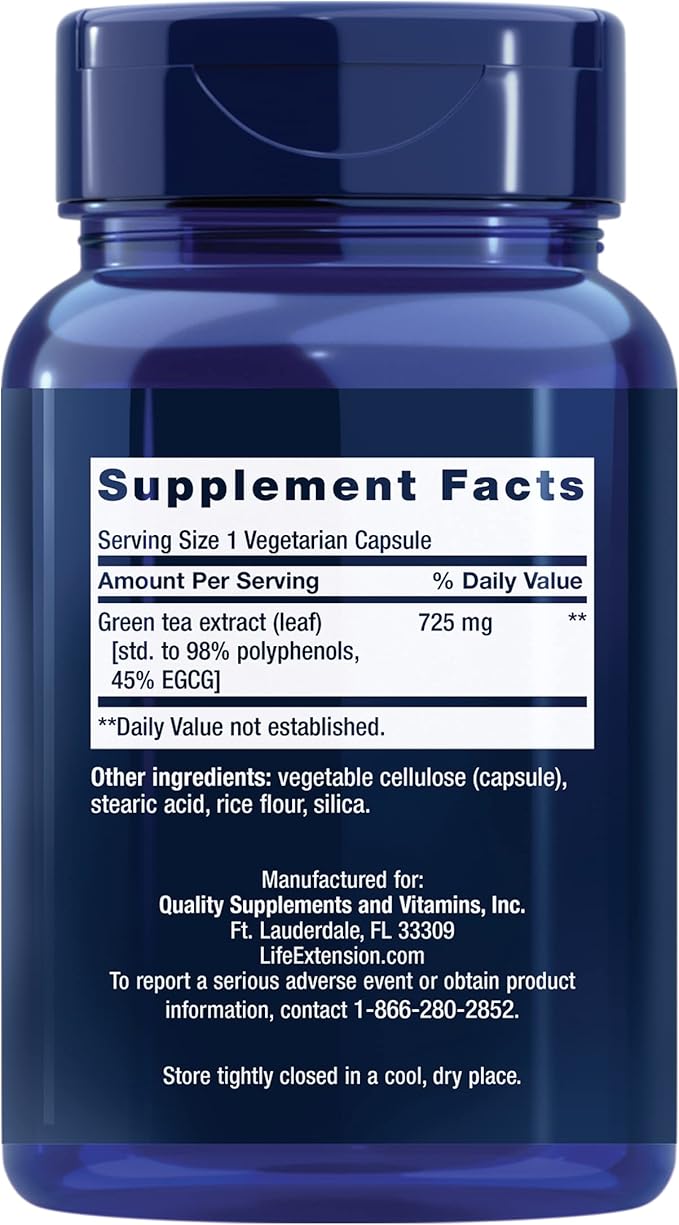 Life Extension Lightly Caffeinated Mega Green Tea Extract Camellia sinensis Extract with Concentrated EGCG polyphenol Content Gluten-Free Non-GMO Vegetarian 100 Capsules