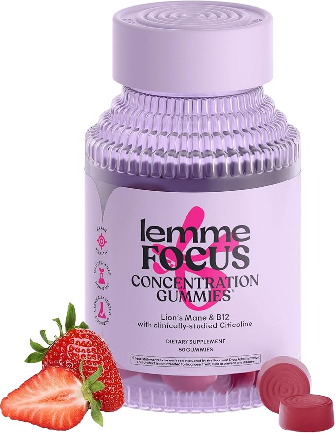 Lemme Focus Concentration &amp Brain Health Gummies with Cognizin Citicoline Lion's Mane Mushroom Vitamin B12 to Support Focus + Concentration - Gluten Free Caffeine Free Strawberry (50 Count)