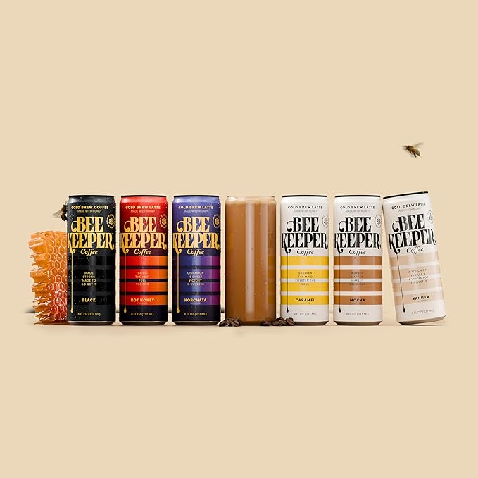 Beekeeper Hot Honey Latte Cold Brew Coffee Drinks with Oregon Honey | 12 Pack Refreshing Iced Coffee - Unsweetened &amp Strong Arabica Brew 8 fl oz Ready-to-Drink Can - 180mg Natural Caffeine