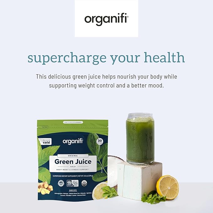Organifi Green Juice - Powder Supplement with Organic Spirulina Ashwagandha and Chlorella - Helps Achieve Fitness Goals and Reduce Cortisol Levels - 6 Pack