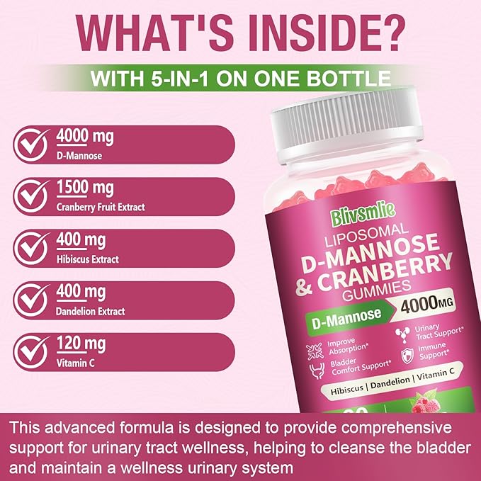 2 Pack Liposomal D-Mannose Gummies 4000mg Complex Cranberry 1500mg &amp HibiscusHigh-Potency Formula for Women Urinary Tract &amp Immune SupportLiver Bladder Flush Cleanse Wellness Supplement