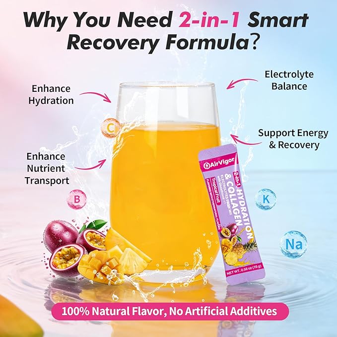 Electrolyte Collagen Powder Packets 10g Collagen Protein Drink Mix for Hydration Recovery Zero Sugar 2-in-1 Post Workout Rehydration Joint Skin Muscle Support 5 Vitamins Tropical Fruit