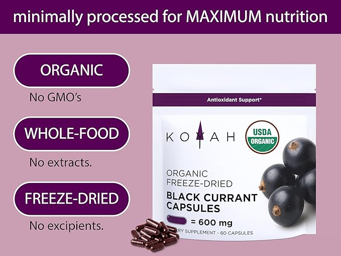 KOYAH - Organic Black Currant Capsules - Freeze-Dried Whole-Berry 600 mg Vegan Gluten-Free Non-GMO. Antioxidant Support. 60 Capsules