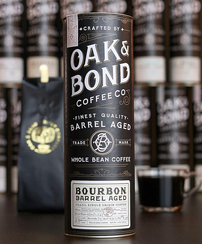 Oak &amp Bond Coffee Co. Bourbon Barrel Aged Coffee Brazil Single Origin Whole Bean Medium Roast - Chocolate Caramel Mandarin Orange Sweet Bourbon Flavors - 10oz
