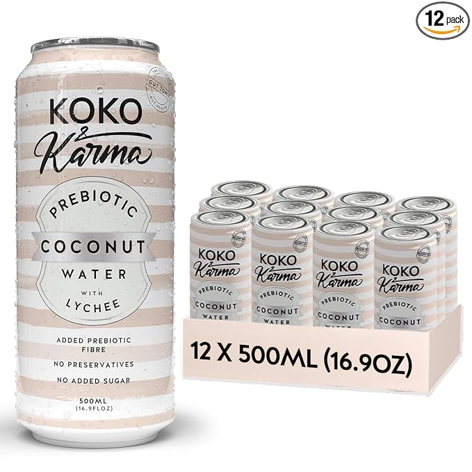 Koko &amp Karma – Prebiotic Coconut Water with Lychee – All Natural with No Added Sugars Pure Coconut Water &amp Lychee Juice – 12 Pack - 16.9 Ounce Cans