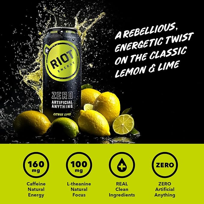 RIOT Clean Energy Drink – No Sucralose No Sugar Added No Artificial Flavors | 160mg Natural Caffeine + 100mg L-Theanine | Clean Focus Stamina &amp Smooth Energy | 16 Fl Oz (Pack of 12) (Citrus Lim