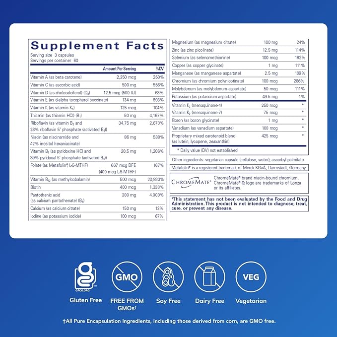 Pure Encapsulations Nutrient 950 with Vitamin K 180's - Multivitamin &amp Mineral Supplement - Bone &amp Arterial Support* - Optimal Absorption - Gluten Free &amp Non-GMO - 180 Capsules