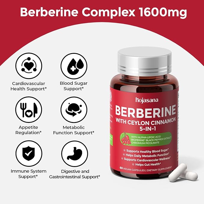 30-Day Supply Berberine 1600mg Berberine with Ceylon Cinnamon for Blood Sugar Cholesterol &amp Metabolism* | Gluten-Free Non-GMO &amp Vegan Berberine Supplement | 60 Capsules