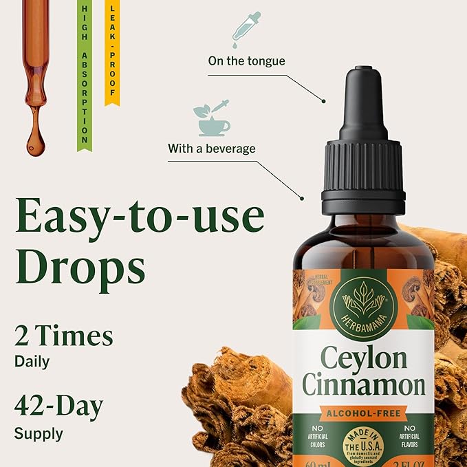 HERBAMAMA Ceylon Cinnamon Extract Liquid - Cinnamon Drops for Overall Support - Non-GMO Alcohol &amp Sugar-Free Antioxidant Tincture 42-Day Supply