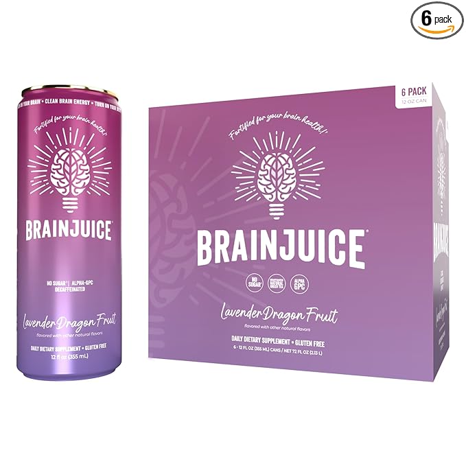 Brainjuice Brain Health Support Drink for Energy &amp Focus Vitamin C B5 B6 &amp B12 L Theanine Alpha GPC &amp Natural Caffeine From Green Tea Vegan Gluten Free Lavender Dragon Fruit 12 Oz