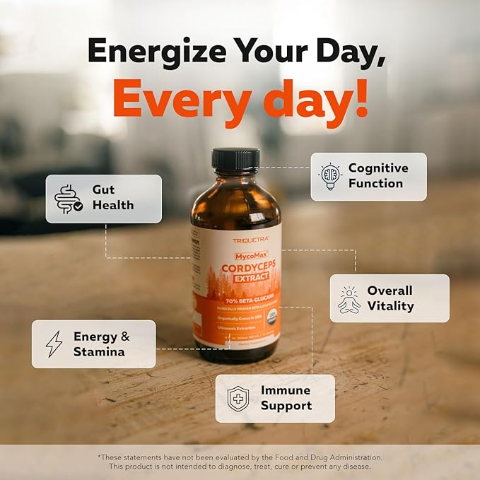 Organic Cordyceps Mushroom Extract - 70% Beta Glucans - Highest Active Nutrient Levels Max Potency Cordyceps Tincuture US Grown + Ultrasonic Extraction - Performance Immunity and Energy - 8 oz.