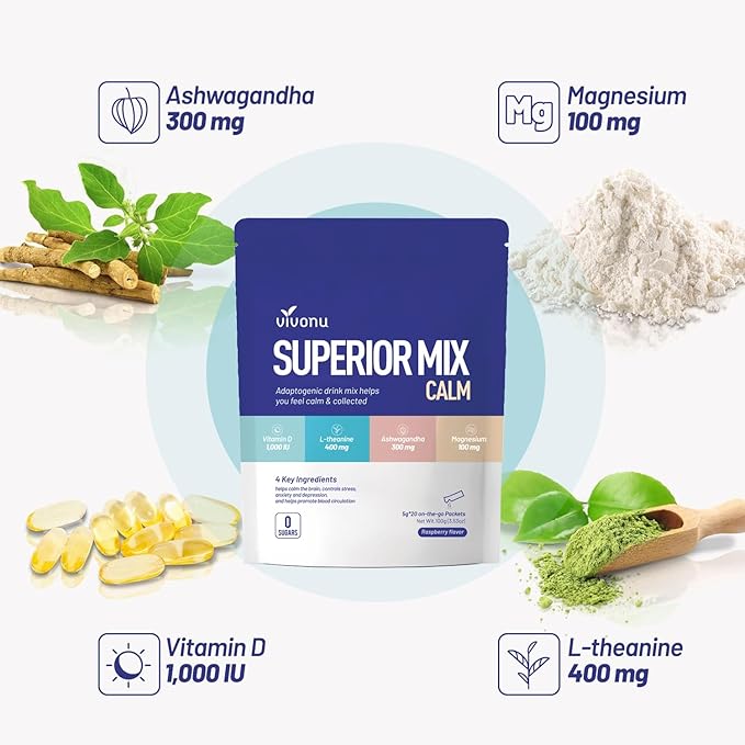 Calm &amp Sleep Powdered Drink Mix Raspberry L Theanine Ksm-66 Ashwagandha Magnesium Glycinate Vitamin D 3 Supplements for Relaxation &amp Focus No Sugar Non GMO