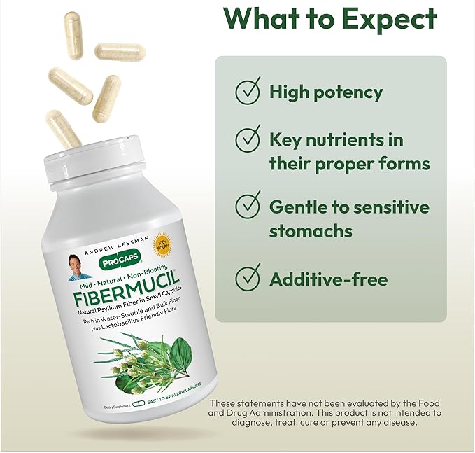 ANDREW LESSMAN Fibermucil 360 Capsules -Psyllium Husk Powder. Gently Promotes Regularity and Digestive Health. Rich in Fiber. Gentle Easy Effective. No Additives. Small Easy to Swallow Capsules