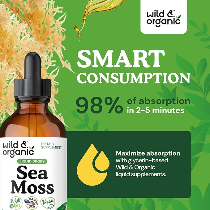 Wild &amp Organic Sea Moss Drops - Overall Support with Irish Seamoss and Bladderwrack - Multimineral Chondrus Crispus Tincture - Vegan Sugar &amp Alcohol-Free Liquid Supplement - 4 fl oz
