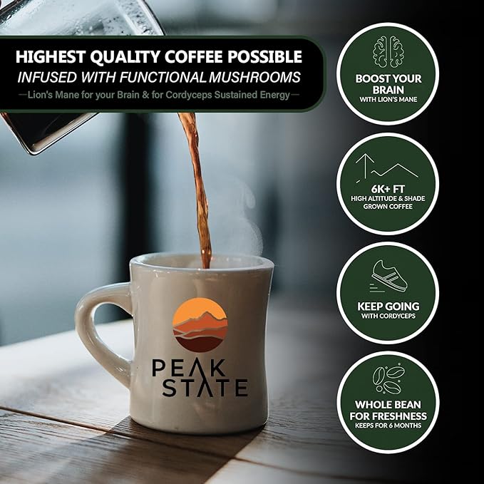 Peak State Brain Sustain Coffee with Benefits Dark Roast – Organic Mushroom Coffee Low Acid and Smooth Sweet Citrus and Lemon Flavor Whole Bean Gluten Free 12 oz