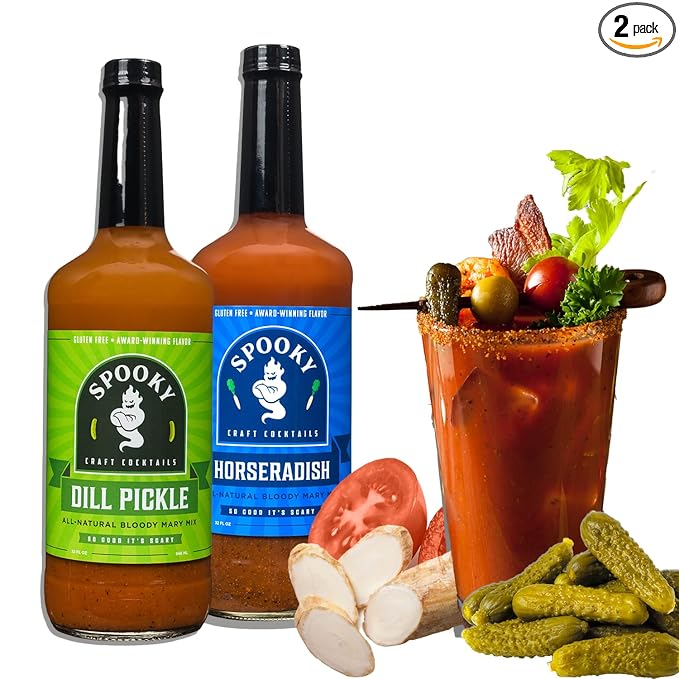 SPOOKY - Bloody Mary Mix Variety Pack - Featuring Dill Pickle &amp Horseradish - No Artificial Color or Flavor - No Preservative Low Carb Low Calorie &amp Gluten Free - 32 Oz (Pack of 2)