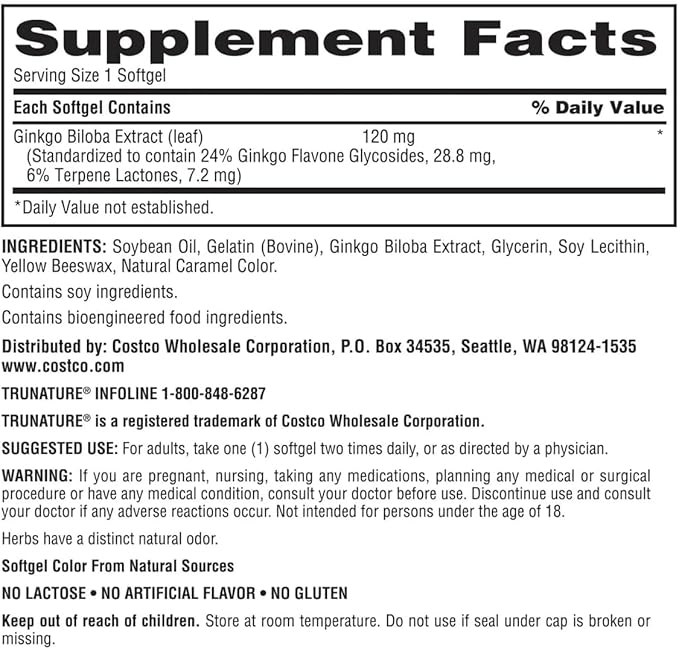 Vitamin Supplement Ginkgo Biloba 120mg Standardized Herbal Extract 340 Softgels