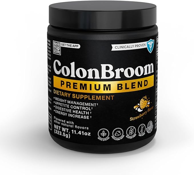 ColonBroom Premium Powder Supplement (Strawberry) - Colon Broom Psyllium Husk Fiber Powder Drink - Gluten Free Non-GMO Colon Cleanse for Bloating Relief &amp Gut Health 50 Servings