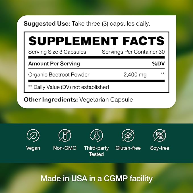 Fresh Nutrition Organic Beet Root Capsules - 2400mg Potent Dosage - Antioxidant Support - Vegan Non GMO Gluten-Free - 90 Capsules