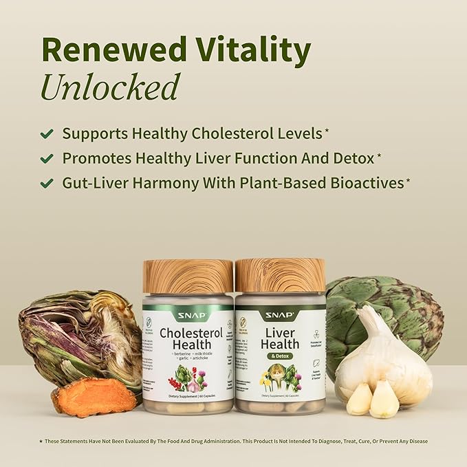 Snap Supplements Liver Health &amp Cholesterol Health Supplement Bundle with Milk Thistle Resveratrol Dandelion to Support Liver Digestive and Metabolic Health 60 Capsules Each (30-Day Supply)