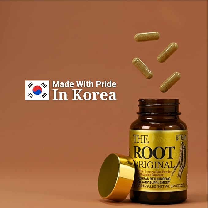 The Root Original Korean Red Panax Ginseng Supplement - 100% Whole Fine Root Powder with Natural Fiber &amp Minerals - Caffeine Free Stamina Wellness &amp Immunity Support - 60 Capsules