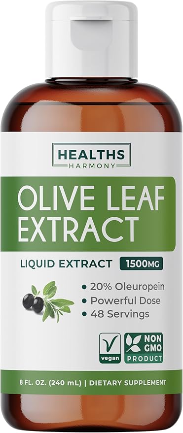 Olive Leaf Extract (Non-GMO) Super Strength: 20% Oleuropein - 1500mg - Vegetarian - Immune Support Supplement Skin Health and Powerful Antioxidants Supplement - Liquid Extract - 8 Fl Oz