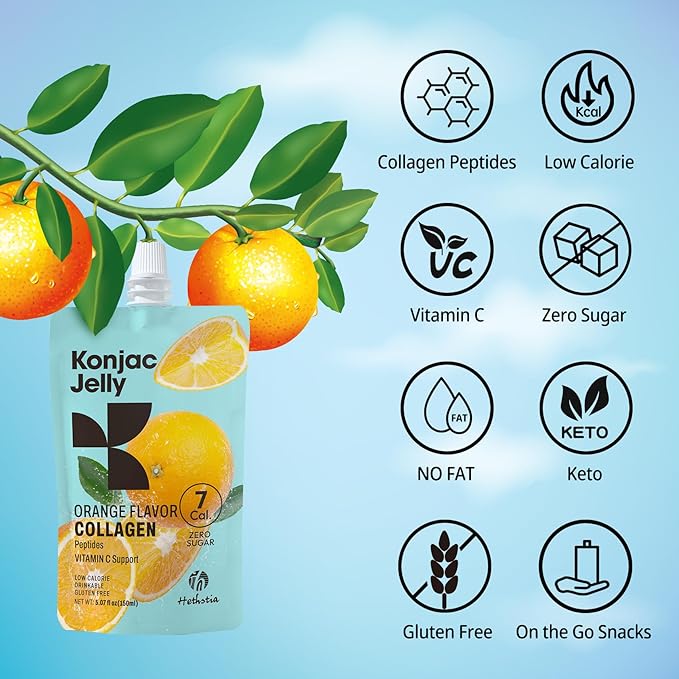 Hethstia Konjac Jelly Collagen Peptides Various Flavors 10-Pack and Orange Konjac Jelly with Collagen Peptides 10 Pouches Fruit Jelly Snacks Low-Calorie Drinkable Jelly with Vitamin C Sugar-Free