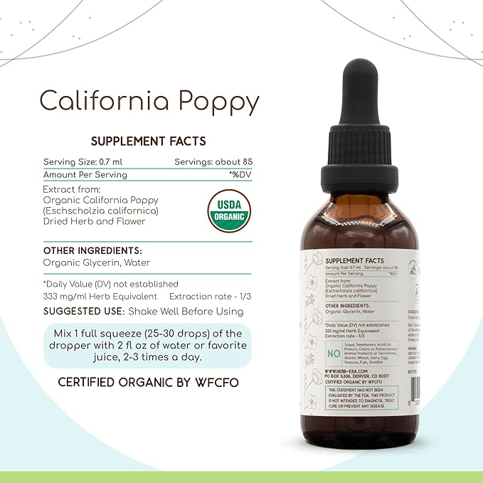 HerbEra California Poppy B60 USDA Organic Tincture | High-Potency Herbal Drops Alcohol-Free Extract | Certified Organic California Poppy (Eschscholzia Californica) Dried Herb and Flower 2 fl oz