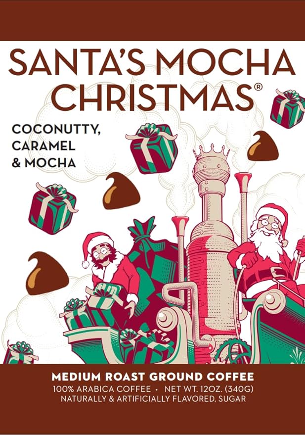 Barnie's Coffee Santa's Mocha Christmas Ground Coffee with Coconutty Caramel Mocha Flavor Medium Roasted Arabica Coffee Beans 12 oz Bag (Pack of 2)