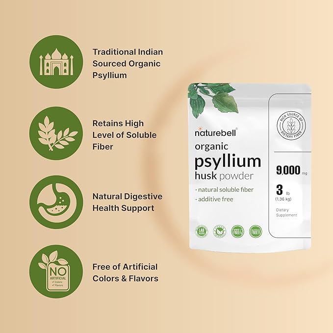NatureBell Psyllium Husk Fiber Supplement 9000mg Per Serving 3lb (48oz) Powder | Organic Soluble Fiber for Digestive &amp Gut Health | Plant-Based Unflavored Non-GMO Gluten-Free*
