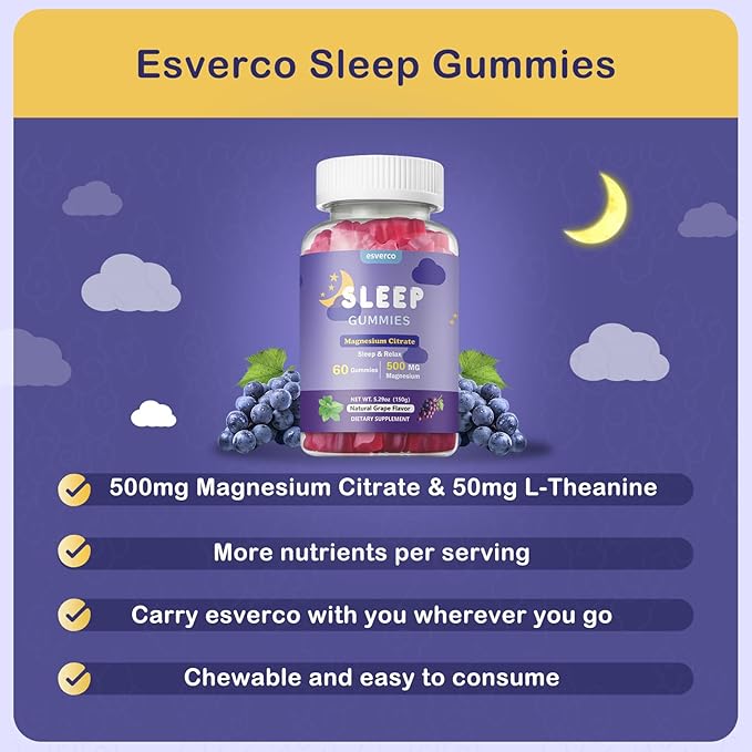 Sleep Gummies 500mg Magnesium Citrate High Absorption Magnesium Gummies with L-Theanine and Herbal Blend for Sleep Mood Relaxation for Adults Vegan Grape Flavor 120 Count